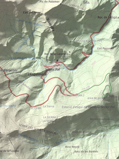 Mapa de relieve de Alt de la Capa, 2573 m, Andorra, lámina 100 Cims de Trobart. Detalle de la zona inferior derecha. 30 × 40 cm.