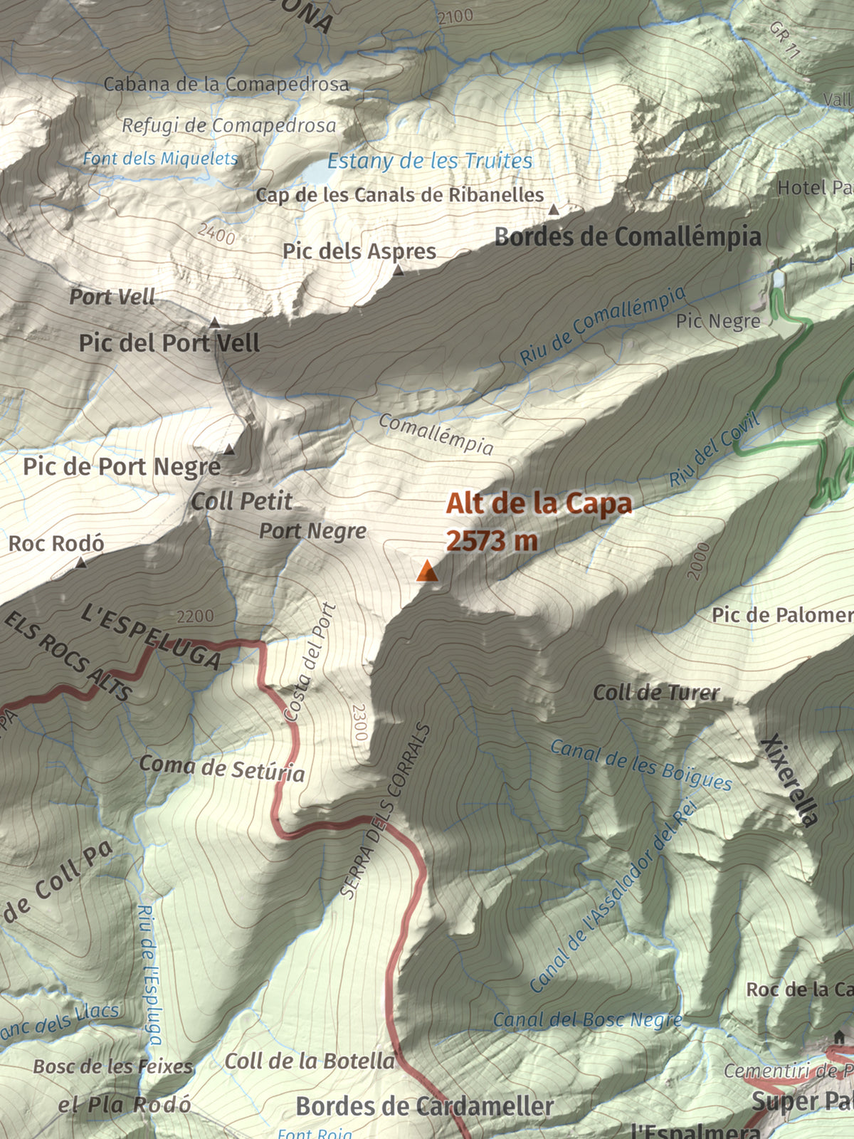 Mapa de relieve de Alt de la Capa, 2573 m, Andorra, lámina 100 Cims de Trobart. Detalle de la zona central. 30 × 40 cm.
