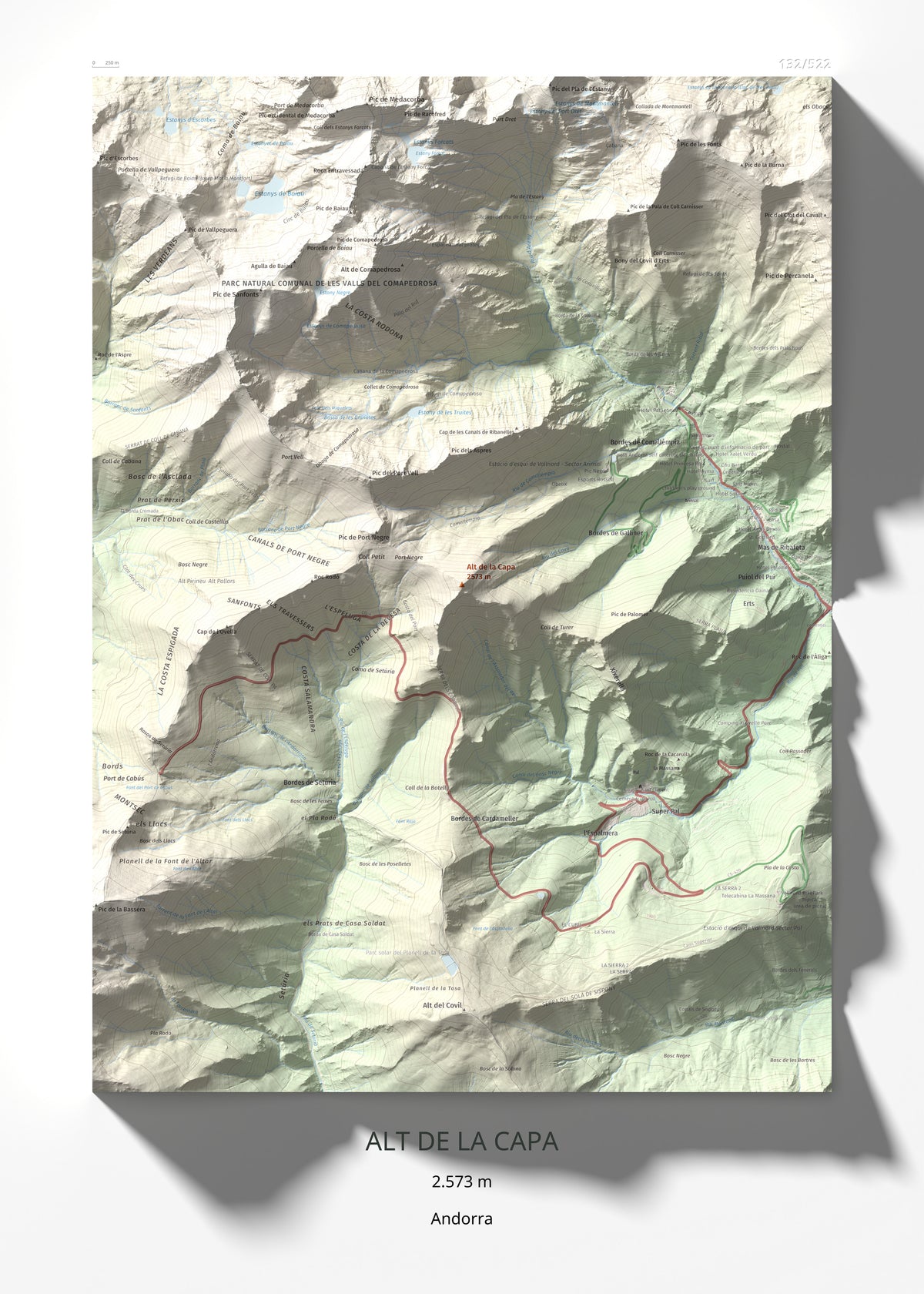 Mapa de relieve de Alt de la Capa, 2573 m, Andorra, lámina 100 Cims de Trobart 50 × 70 cm.