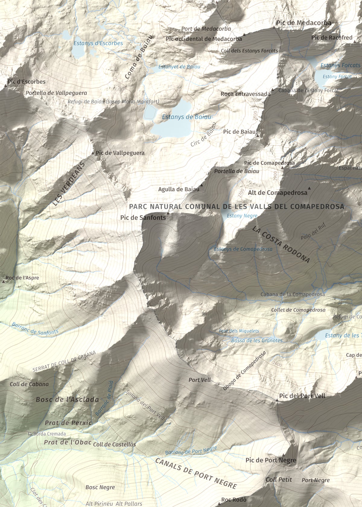 Mapa de relieve de Alt de la Capa, 2573 m, Andorra, lámina 100 Cims de Trobart. Detalle de la zona superior izquierda. 50 × 70 cm.
