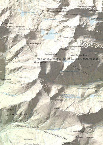 Mapa de relieve de Alt de la Capa, 2573 m, Andorra, lámina 100 Cims de Trobart. Detalle de la zona superior izquierda. 50 × 70 cm.