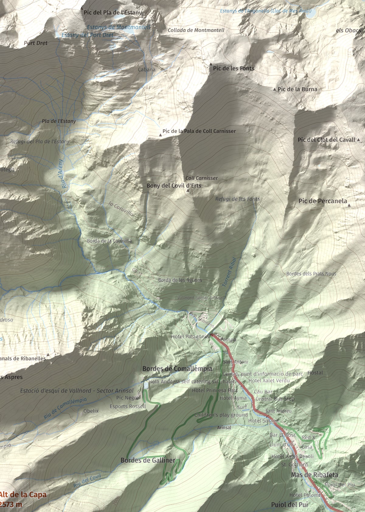 Mapa de relieve de Alt de la Capa, 2573 m, Andorra, lámina 100 Cims de Trobart. Detalle de la zona superior derecha. 50 × 70 cm.