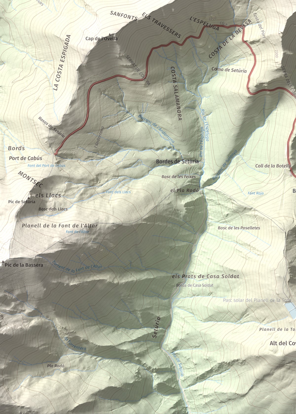 Mapa de relieve de Alt de la Capa, 2573 m, Andorra, lámina 100 Cims de Trobart. Detalle de la zona inferior izquierda. 50 × 70 cm.