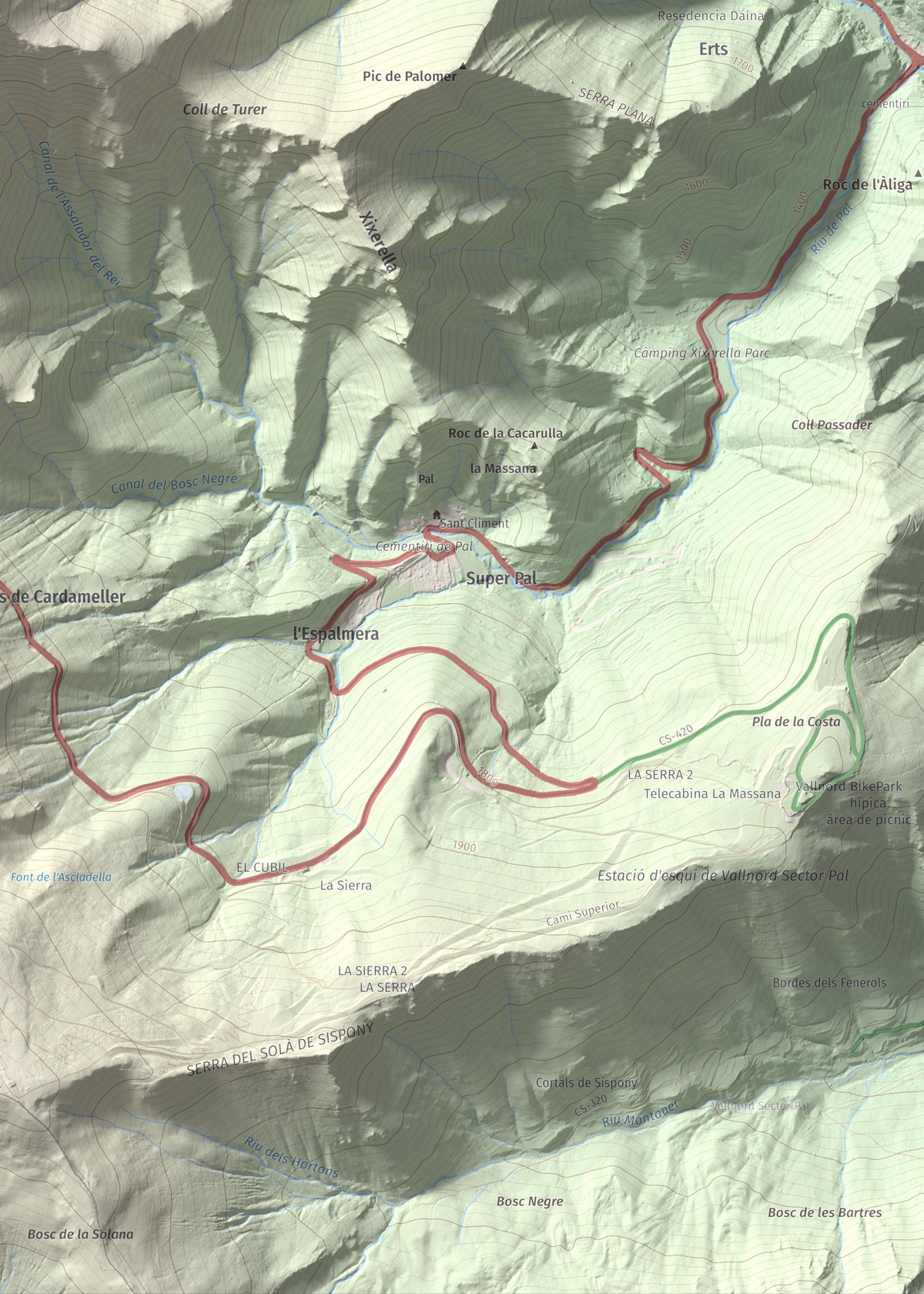 Mapa de relieve de Alt de la Capa, 2573 m, Andorra, lámina 100 Cims de Trobart. Detalle de la zona inferior derecha. 50 × 70 cm.