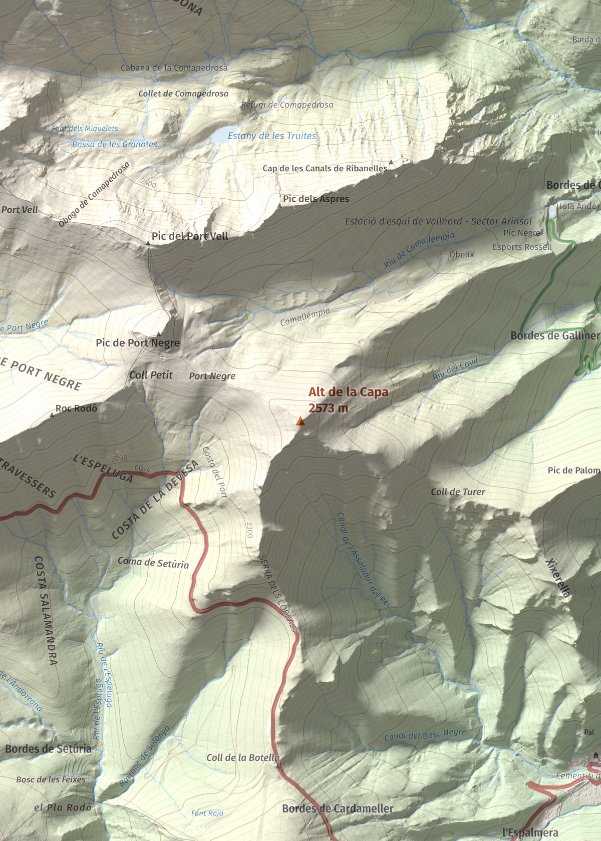 Mapa de relieve de Alt de la Capa, 2573 m, Andorra, lámina 100 Cims de Trobart. Detalle de la zona central. 50 × 70 cm.