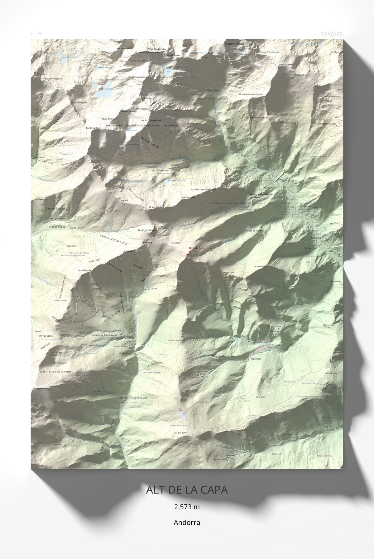 Mapa de relieve de Alt de la Capa, 2573 m, Andorra, lámina 100 Cims de Trobart 61 × 91 cm.