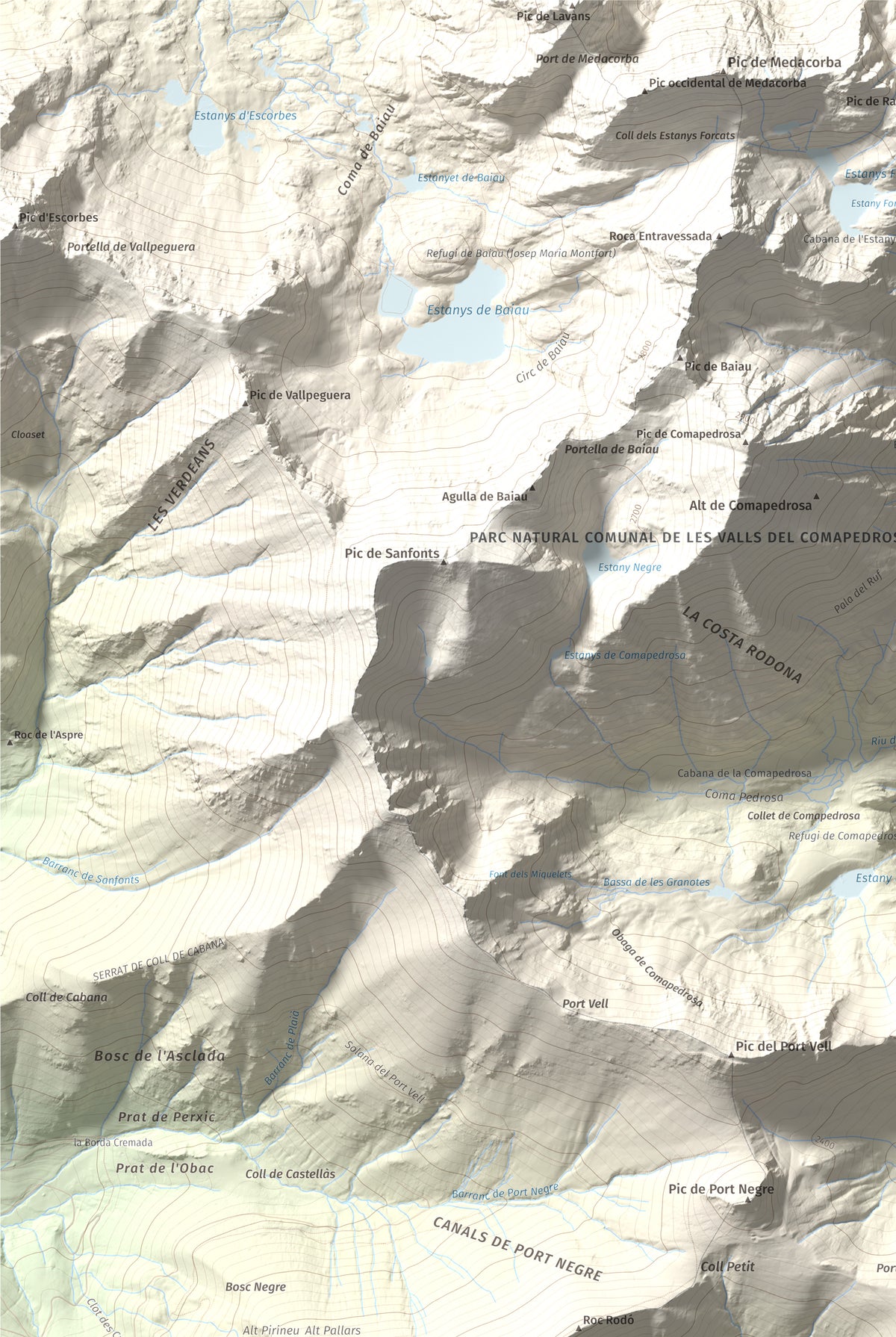 Mapa de relieve de Alt de la Capa, 2573 m, Andorra, lámina 100 Cims de Trobart. Detalle de la zona superior izquierda. 61 × 91 cm.