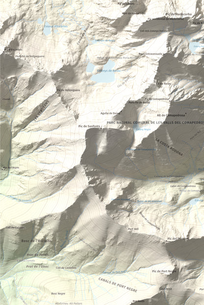 Mapa de relieve de Alt de la Capa, 2573 m, Andorra, lámina 100 Cims de Trobart. Detalle de la zona superior izquierda. 61 × 91 cm.