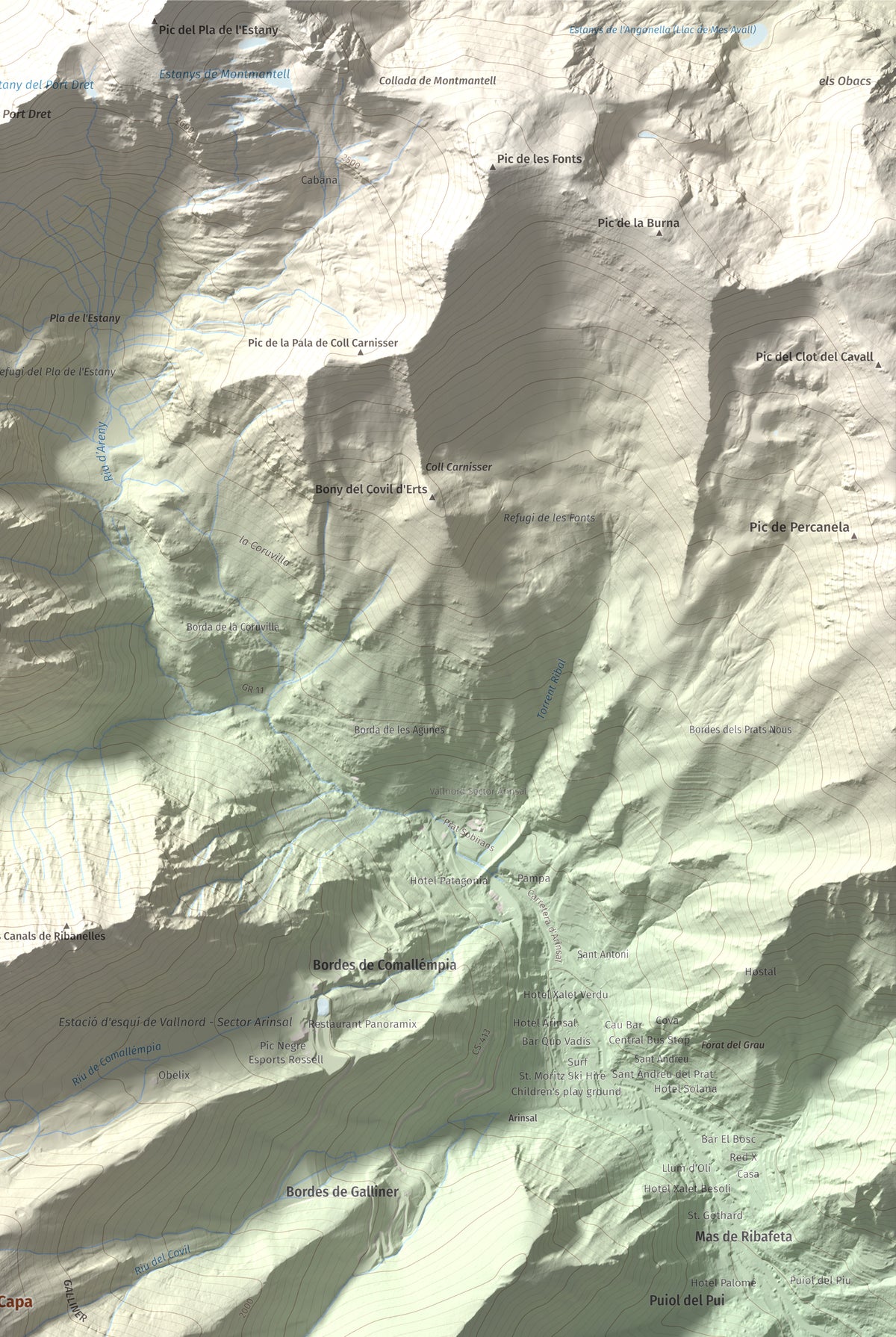 Mapa de relieve de Alt de la Capa, 2573 m, Andorra, lámina 100 Cims de Trobart. Detalle de la zona superior derecha. 61 × 91 cm.