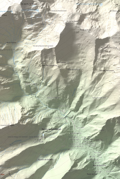 Mapa de relieve de Alt de la Capa, 2573 m, Andorra, lámina 100 Cims de Trobart. Detalle de la zona superior derecha. 61 × 91 cm.