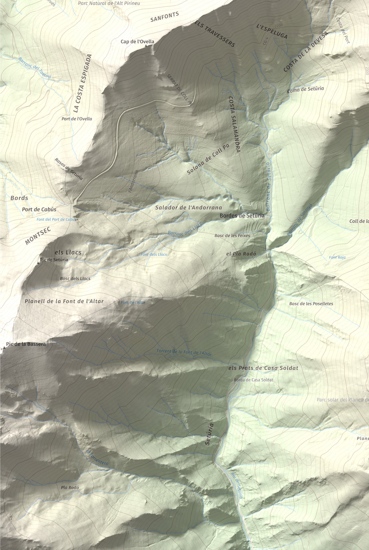 Mapa de relieve de Alt de la Capa, 2573 m, Andorra, lámina 100 Cims de Trobart. Detalle de la zona inferior izquierda. 61 × 91 cm.