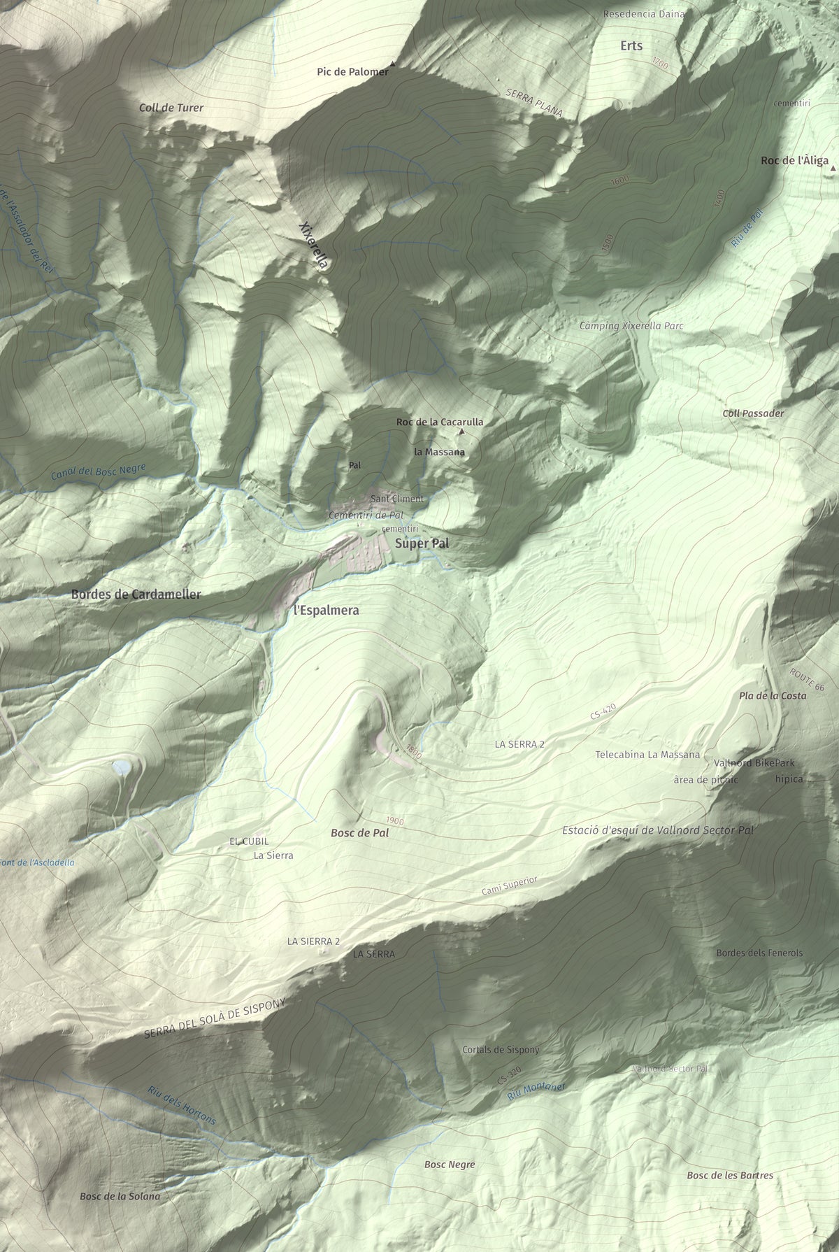 Mapa de relieve de Alt de la Capa, 2573 m, Andorra, lámina 100 Cims de Trobart. Detalle de la zona inferior derecha. 61 × 91 cm.