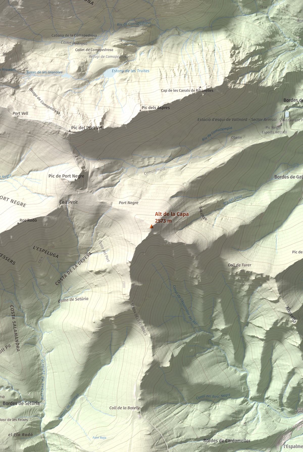 Mapa de relieve de Alt de la Capa, 2573 m, Andorra, lámina 100 Cims de Trobart. Detalle de la zona central. 61 × 91 cm.