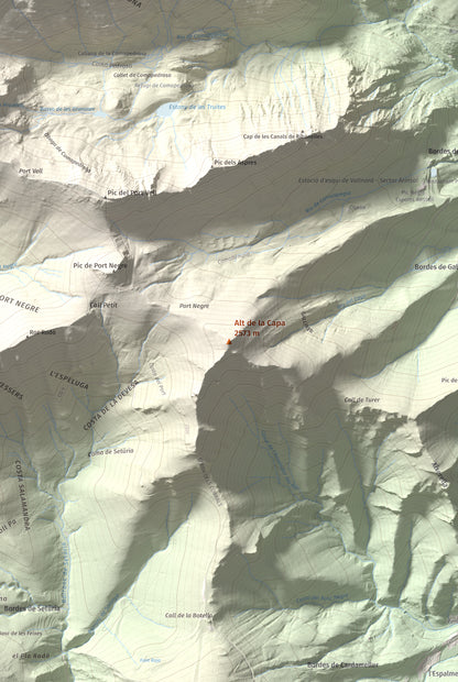 Mapa de relieve de Alt de la Capa, 2573 m, Andorra, lámina 100 Cims de Trobart. Detalle de la zona central. 61 × 91 cm.