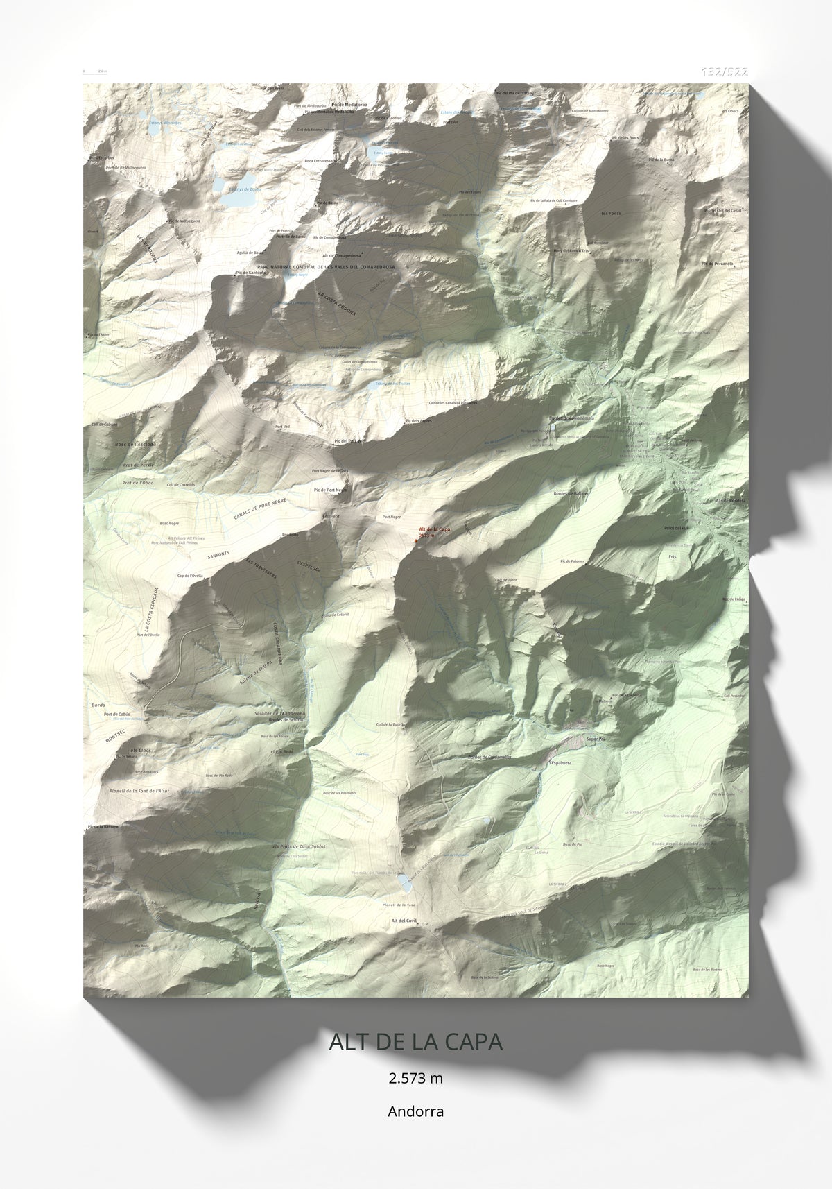 Mapa de relieve de Alt de la Capa, 2573 m, Andorra, lámina 100 Cims de Trobart 70 × 100 cm.