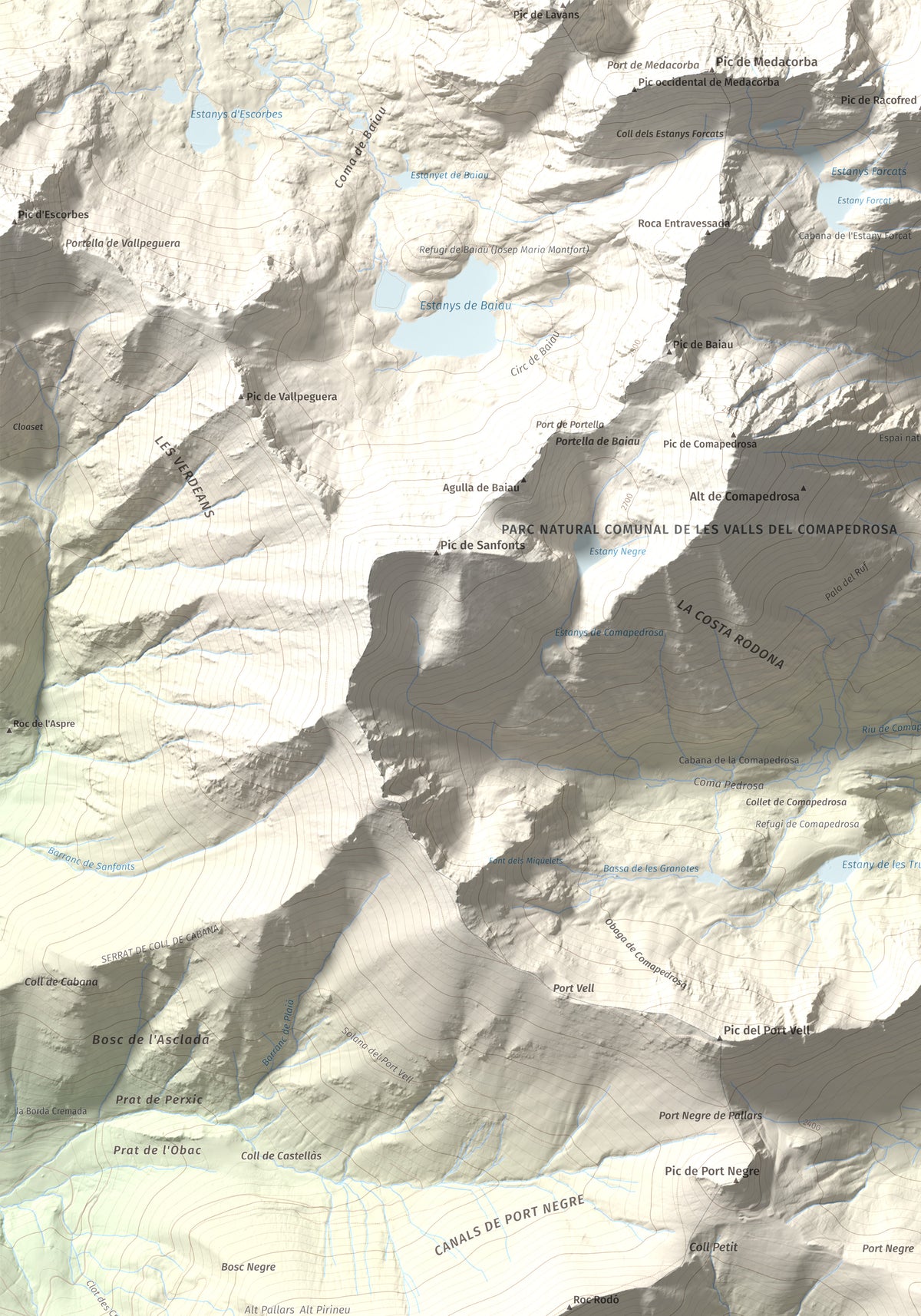 Mapa de relieve de Alt de la Capa, 2573 m, Andorra, lámina 100 Cims de Trobart. Detalle de la zona superior izquierda. 70 × 100 cm.
