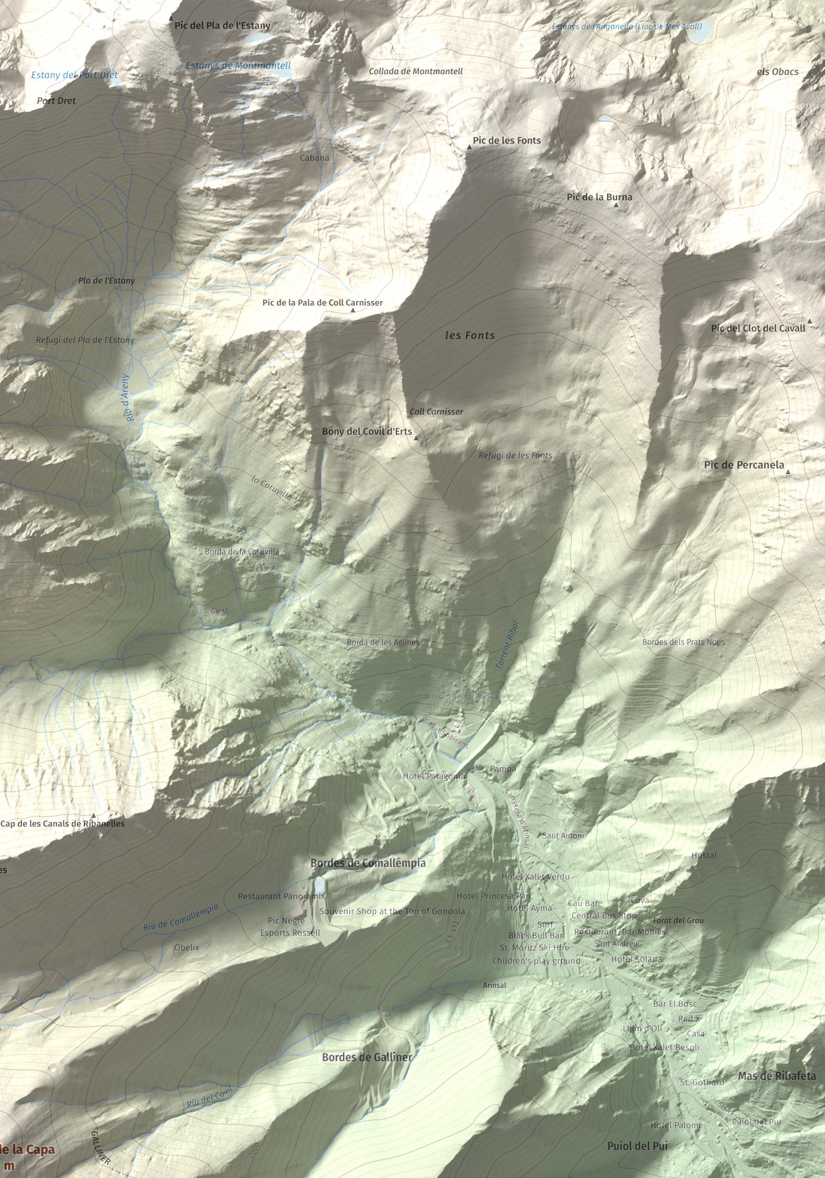 Mapa de relieve de Alt de la Capa, 2573 m, Andorra, lámina 100 Cims de Trobart. Detalle de la zona superior derecha. 70 × 100 cm.