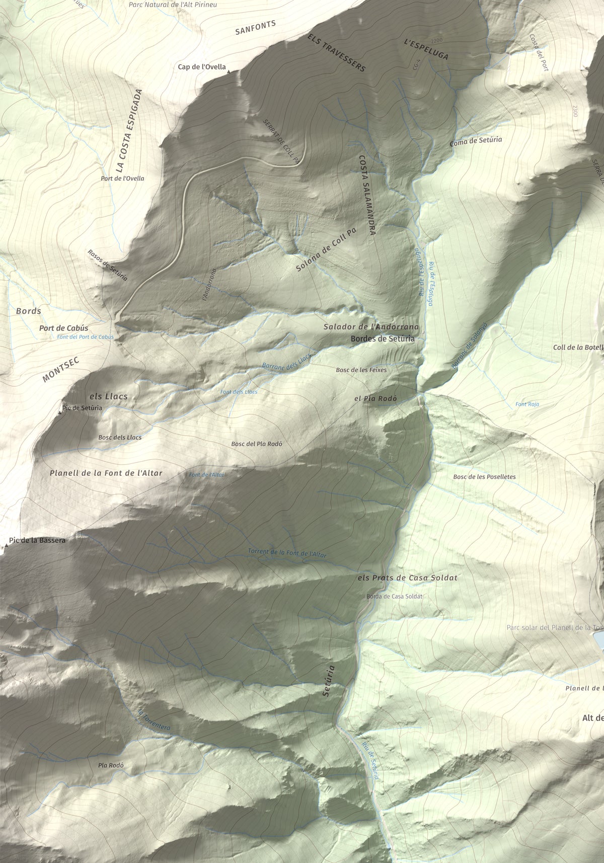 Mapa de relieve de Alt de la Capa, 2573 m, Andorra, lámina 100 Cims de Trobart. Detalle de la zona inferior izquierda. 70 × 100 cm.