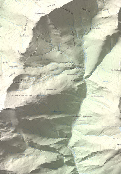 Mapa de relieve de Alt de la Capa, 2573 m, Andorra, lámina 100 Cims de Trobart. Detalle de la zona inferior izquierda. 70 × 100 cm.