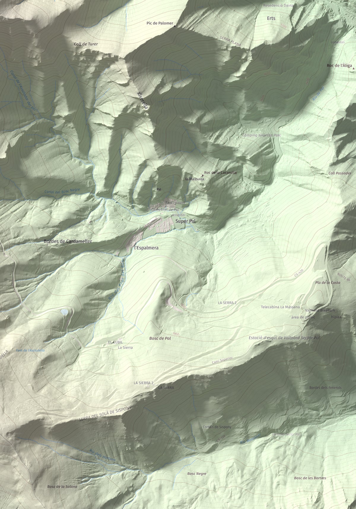 Mapa de relieve de Alt de la Capa, 2573 m, Andorra, lámina 100 Cims de Trobart. Detalle de la zona inferior derecha. 70 × 100 cm.