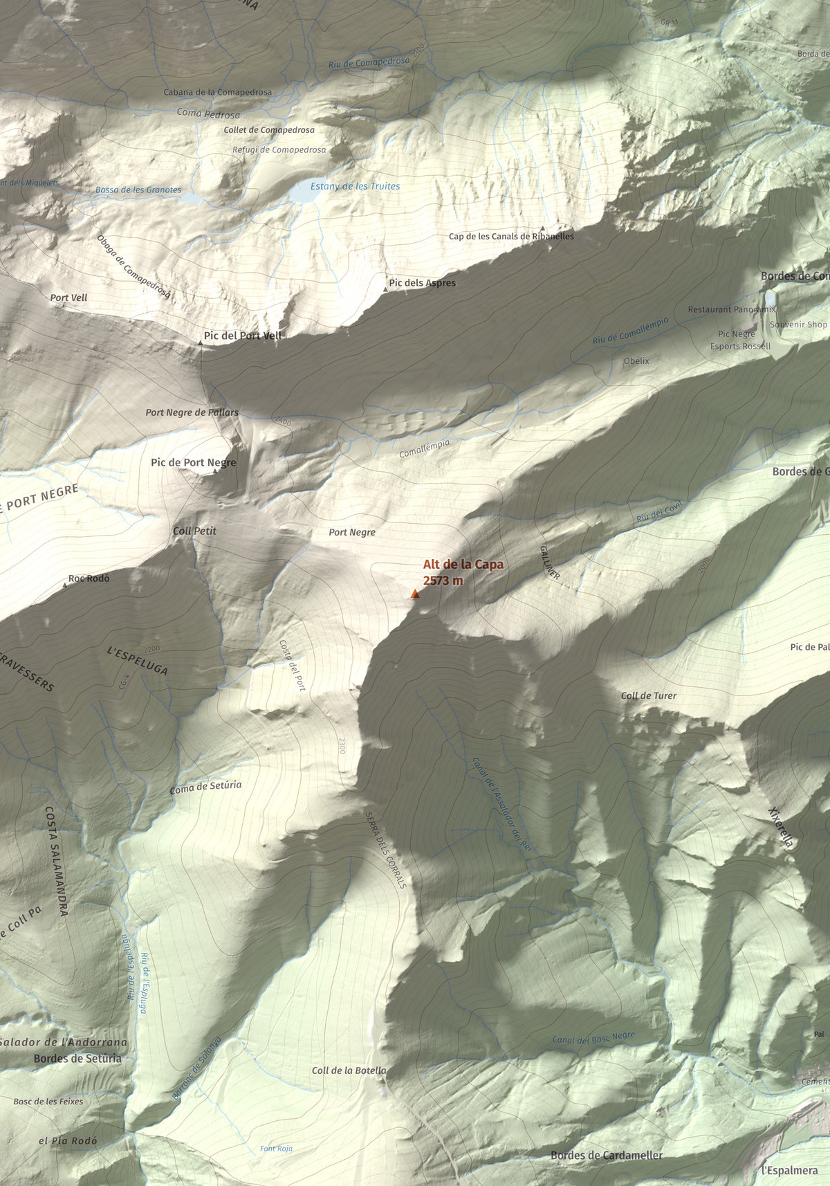 Mapa de relieve de Alt de la Capa, 2573 m, Andorra, lámina 100 Cims de Trobart. Detalle de la zona central. 70 × 100 cm.