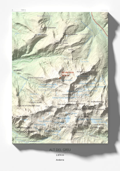 Mapa de relieve de Alt del Griu, 2874 m, Andorra, lámina 100 Cims de Trobart 21 × 30 cm.