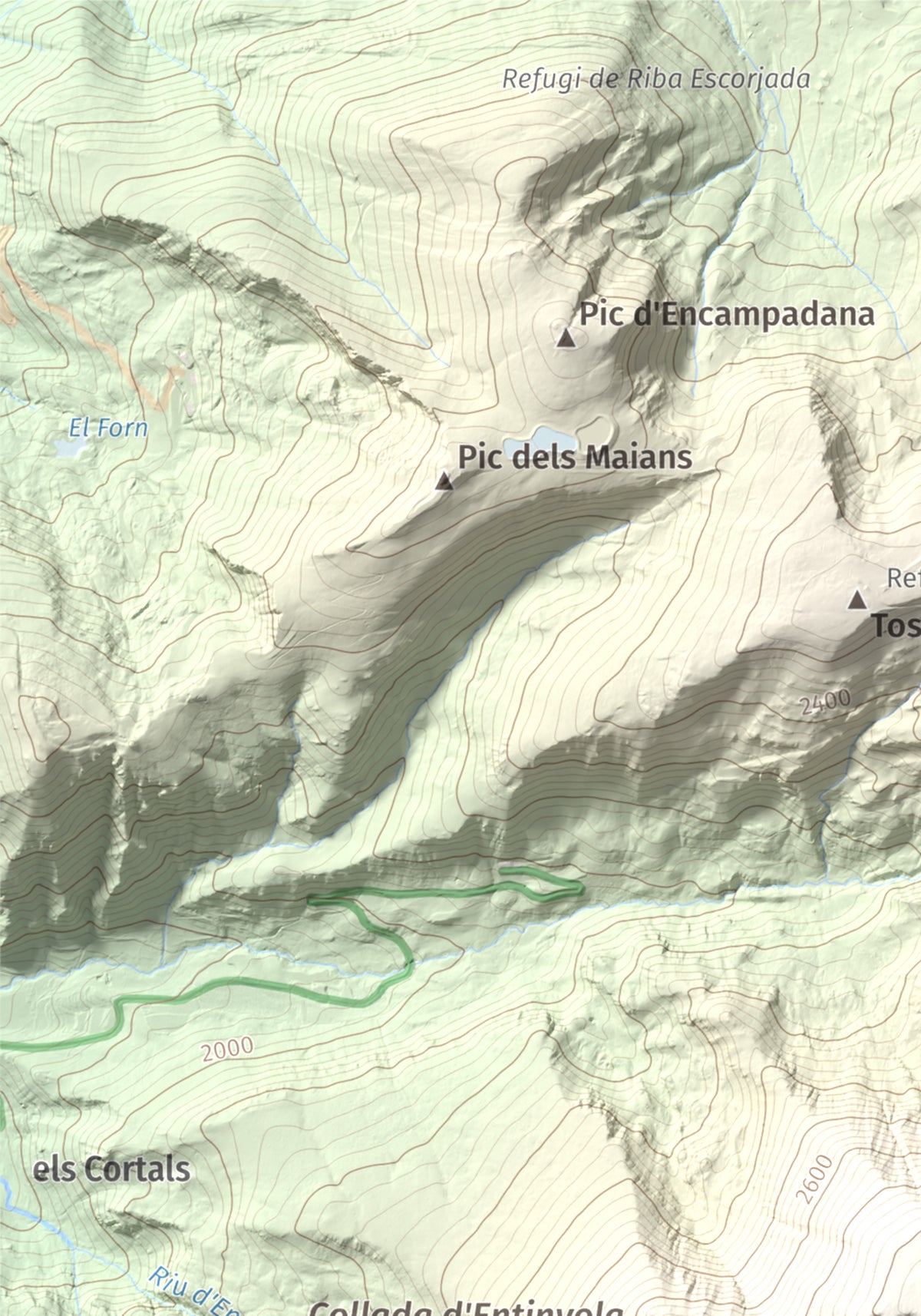 Mapa de relieve de Alt del Griu, 2874 m, Andorra, lámina 100 Cims de Trobart. Detalle de la zona superior izquierda. 21 × 30 cm.