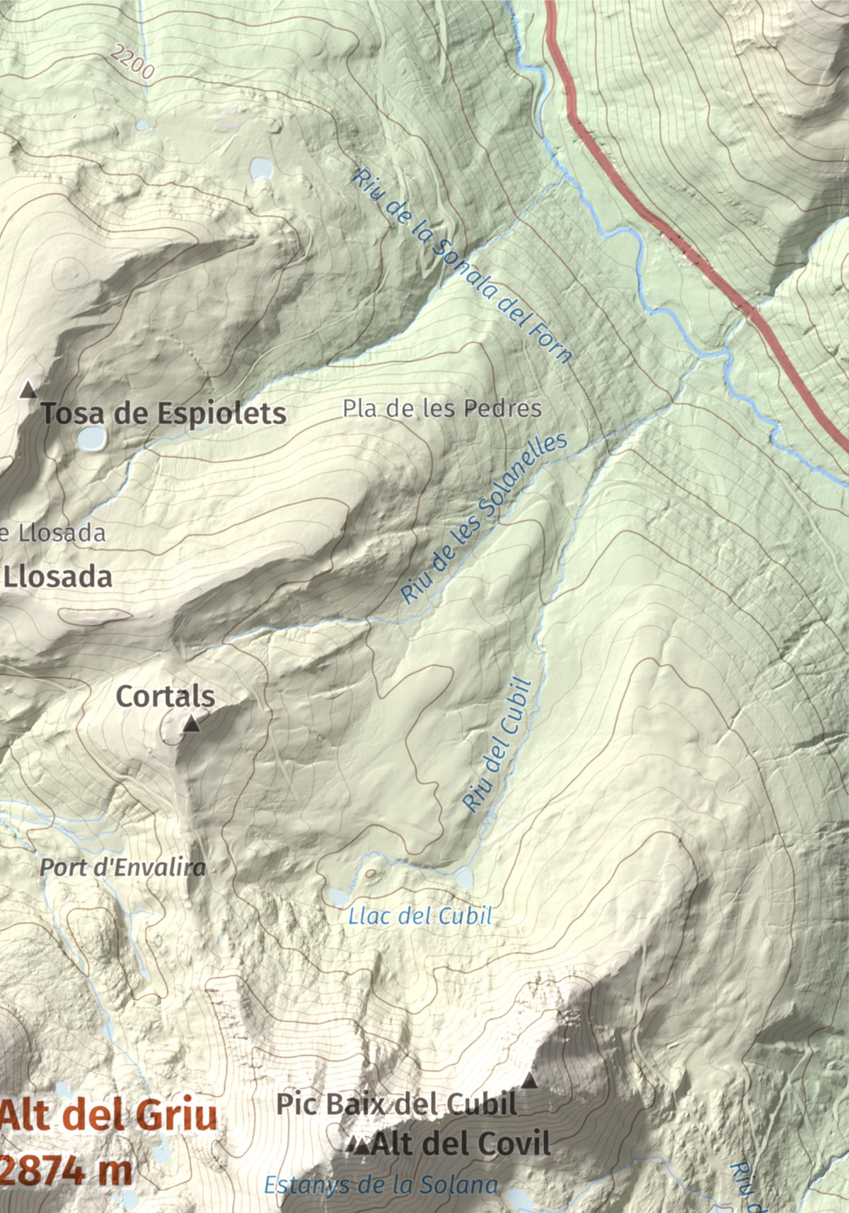 Mapa de relieve de Alt del Griu, 2874 m, Andorra, lámina 100 Cims de Trobart. Detalle de la zona superior derecha. 21 × 30 cm.