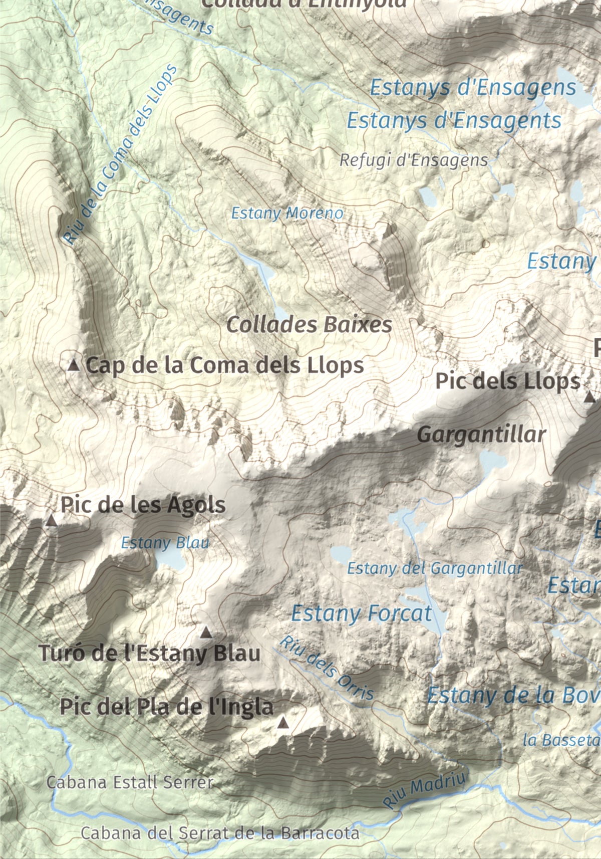 Mapa de relieve de Alt del Griu, 2874 m, Andorra, lámina 100 Cims de Trobart. Detalle de la zona inferior izquierda. 21 × 30 cm.