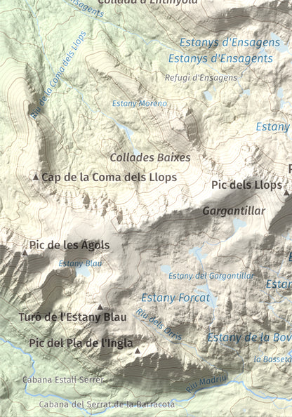 Mapa de relieve de Alt del Griu, 2874 m, Andorra, lámina 100 Cims de Trobart. Detalle de la zona inferior izquierda. 21 × 30 cm.