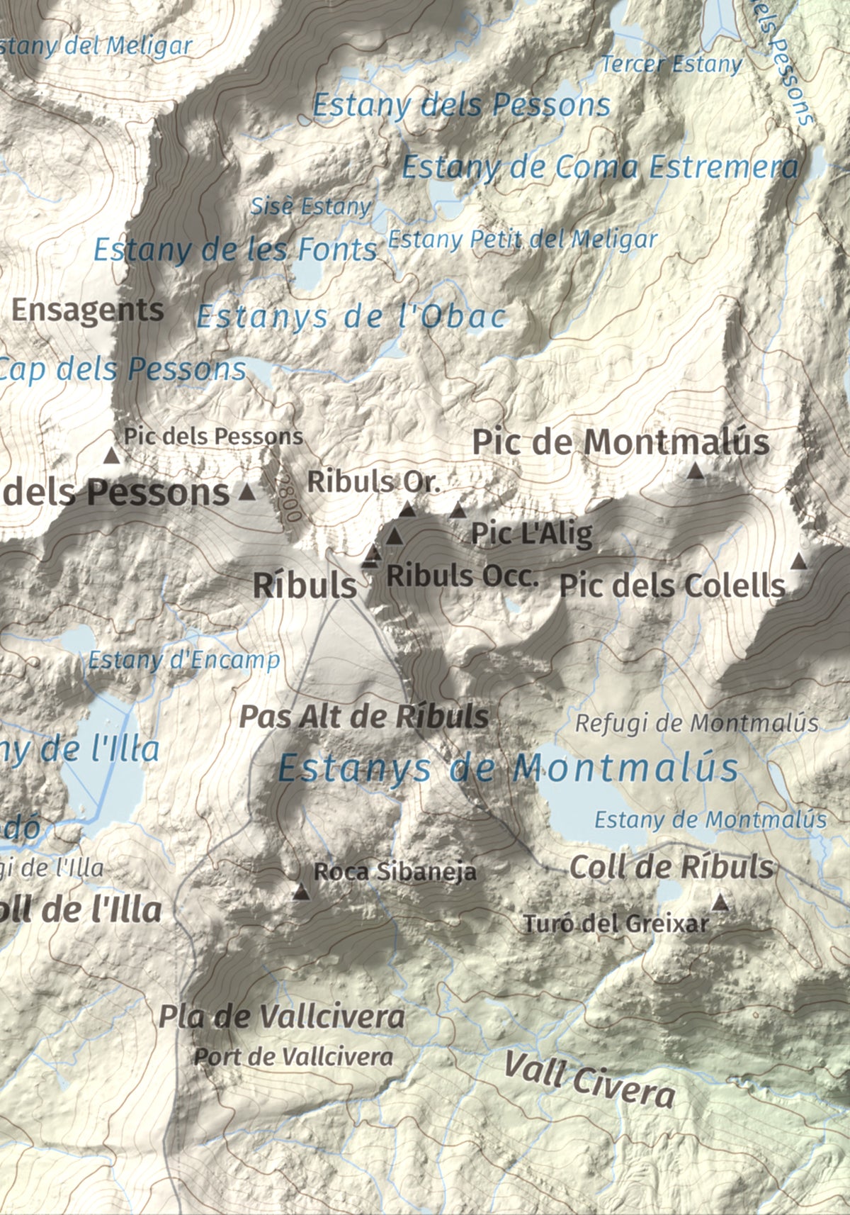 Mapa de relieve de Alt del Griu, 2874 m, Andorra, lámina 100 Cims de Trobart. Detalle de la zona inferior derecha. 21 × 30 cm.