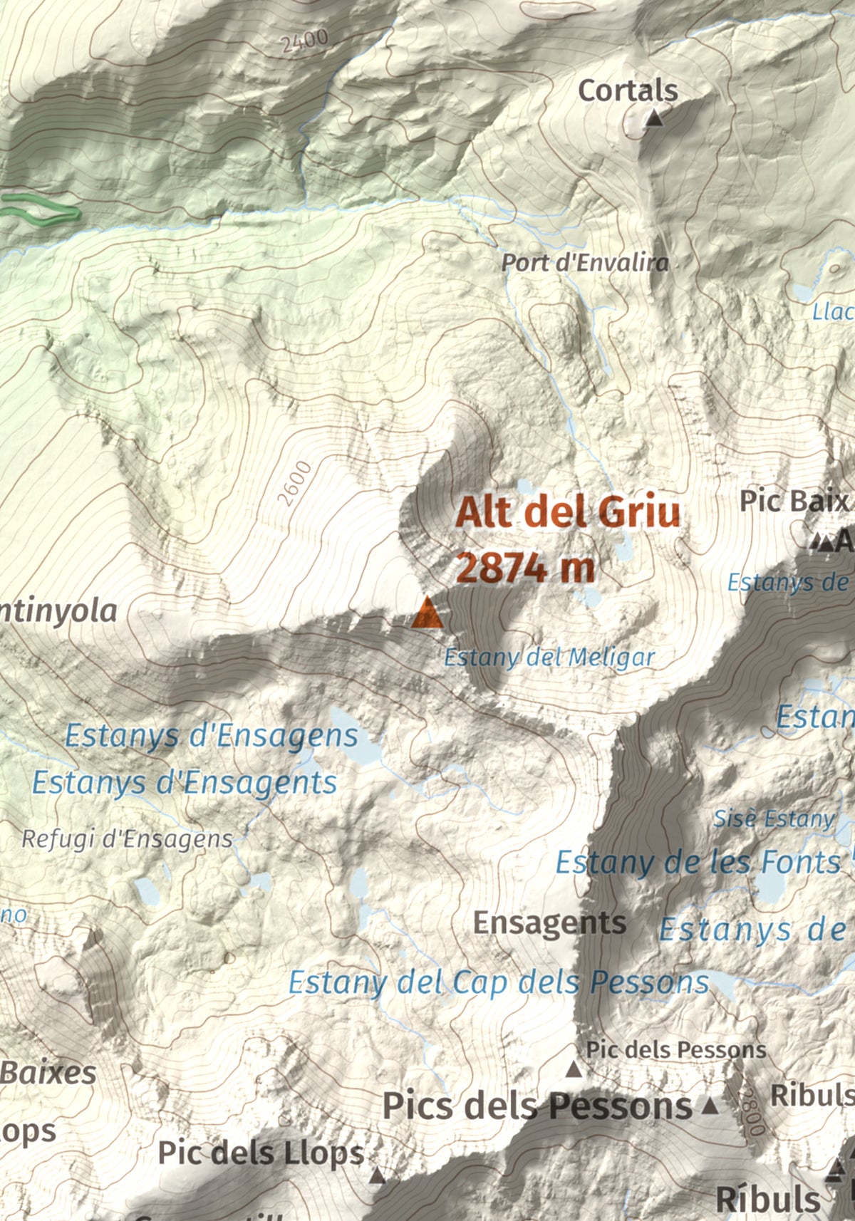 Mapa de relieve de Alt del Griu, 2874 m, Andorra, lámina 100 Cims de Trobart. Detalle de la zona central. 21 × 30 cm.