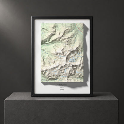 Mapa de relieve de Alt del Griu, 2874 m, Andorra, lámina 100 Cims de Trobart. Presentación enmarcada. 30 × 40 cm.