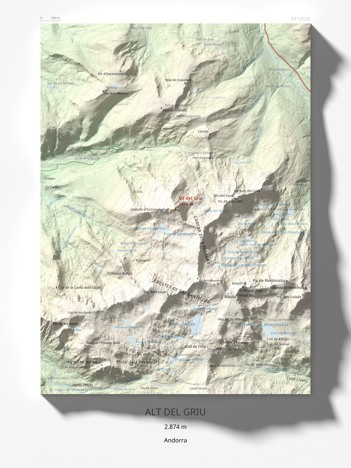 Mapa de relieve de Alt del Griu, 2874 m, Andorra, lámina 100 Cims de Trobart 30 × 40 cm.