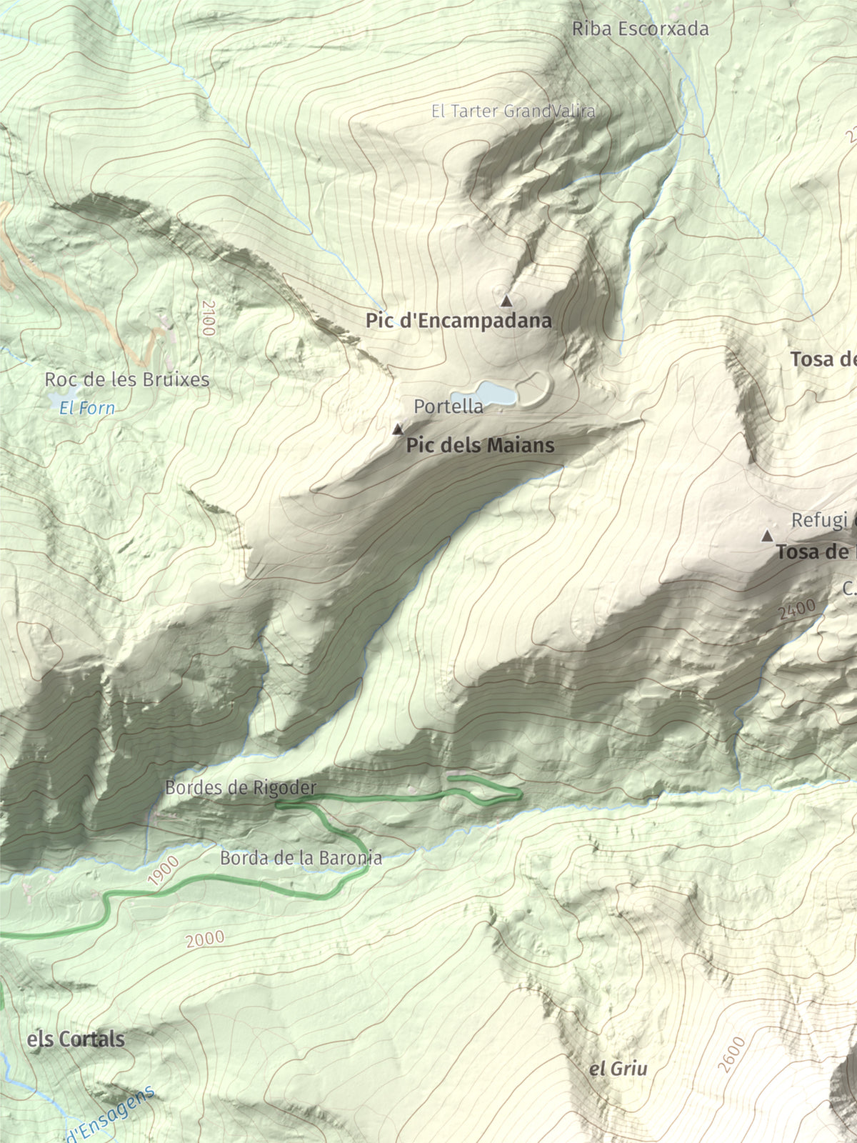 Mapa de relieve de Alt del Griu, 2874 m, Andorra, lámina 100 Cims de Trobart. Detalle de la zona superior izquierda. 30 × 40 cm.