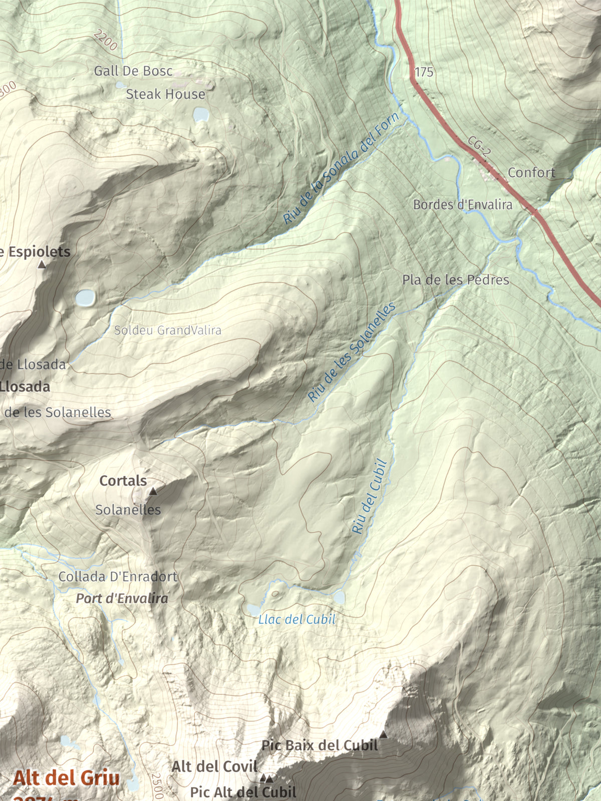Mapa de relieve de Alt del Griu, 2874 m, Andorra, lámina 100 Cims de Trobart. Detalle de la zona superior derecha. 30 × 40 cm.