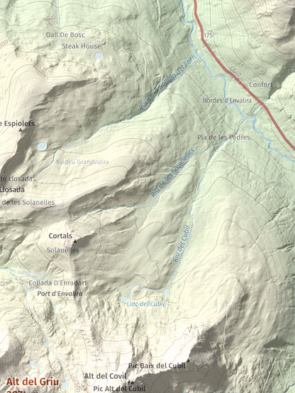 Mapa de relieve de Alt del Griu, 2874 m, Andorra, lámina 100 Cims de Trobart. Detalle de la zona superior derecha. 30 × 40 cm.