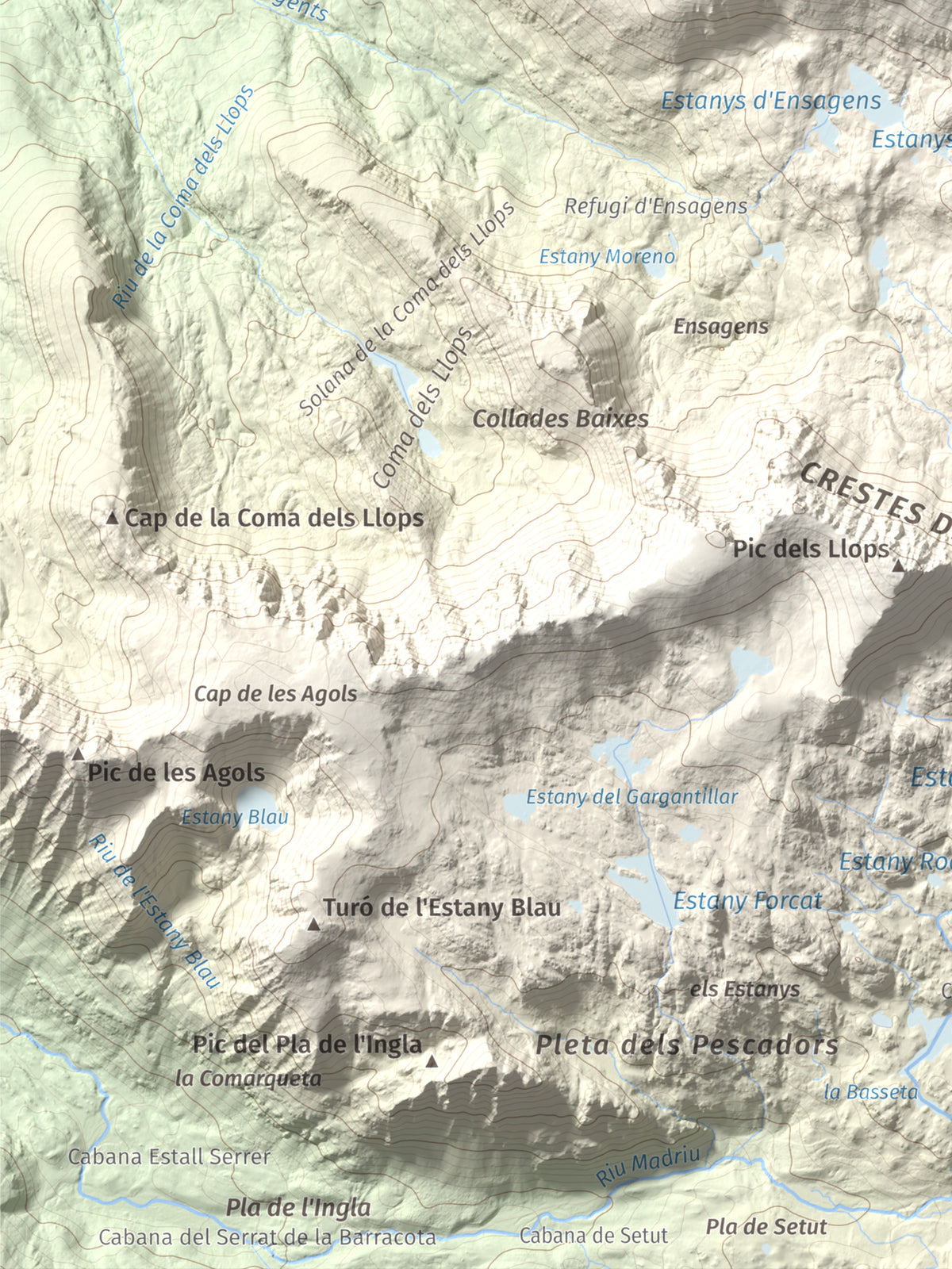 Mapa de relieve de Alt del Griu, 2874 m, Andorra, lámina 100 Cims de Trobart. Detalle de la zona inferior izquierda. 30 × 40 cm.