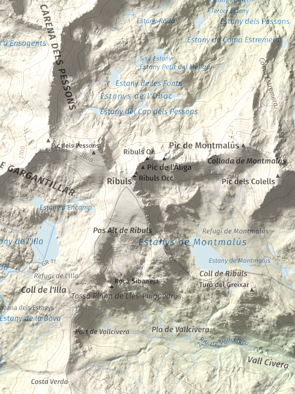 Mapa de relieve de Alt del Griu, 2874 m, Andorra, lámina 100 Cims de Trobart. Detalle de la zona inferior derecha. 30 × 40 cm.