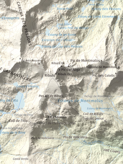 Mapa de relieve de Alt del Griu, 2874 m, Andorra, lámina 100 Cims de Trobart. Detalle de la zona inferior derecha. 30 × 40 cm.