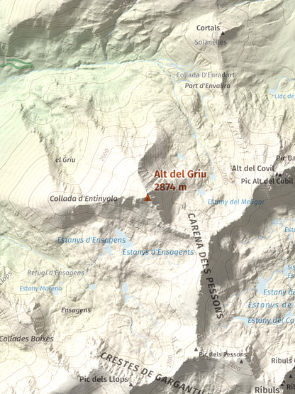 Mapa de relieve de Alt del Griu, 2874 m, Andorra, lámina 100 Cims de Trobart. Detalle de la zona central. 30 × 40 cm.
