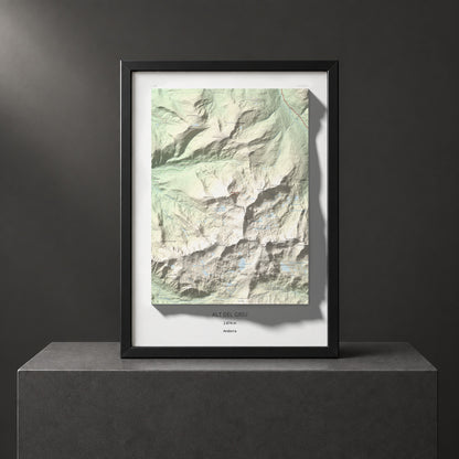 Mapa de relieve de Alt del Griu, 2874 m, Andorra, lámina 100 Cims de Trobart. Presentación enmarcada. 50 × 70 cm.