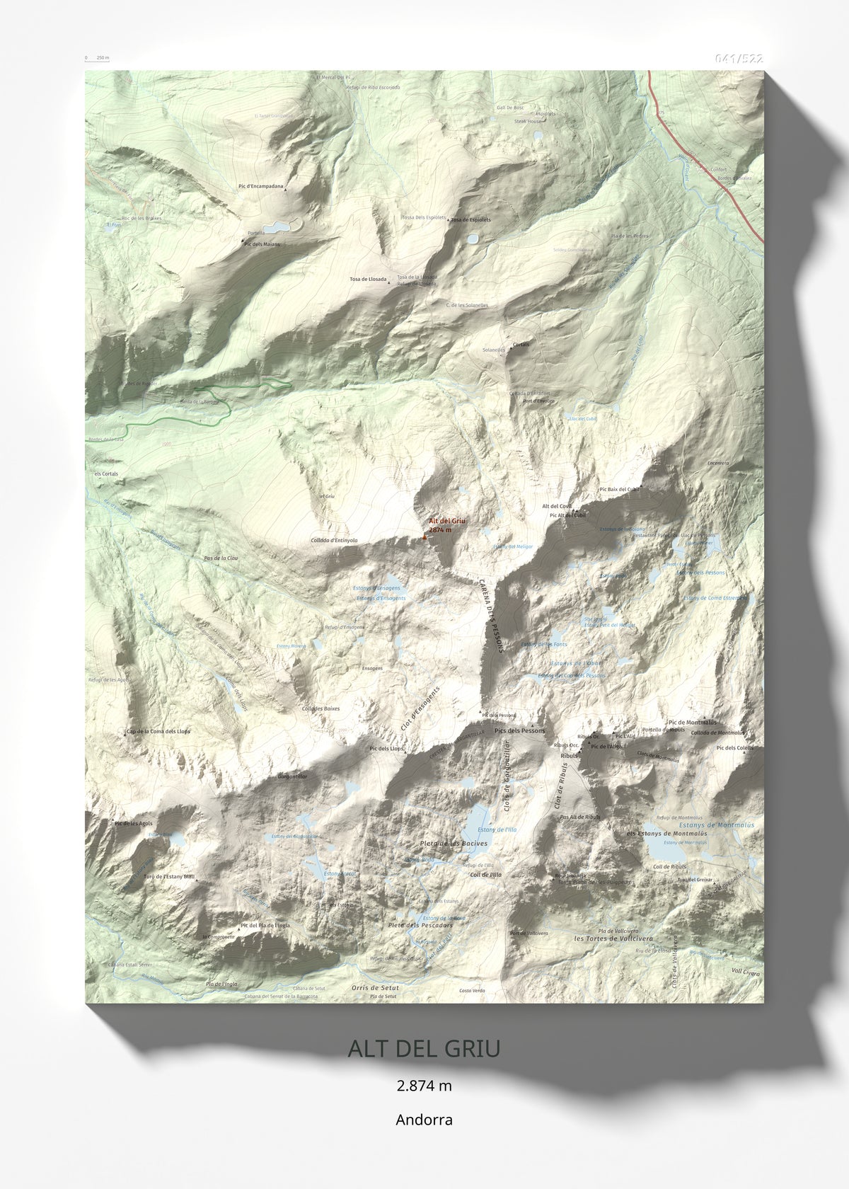 Mapa de relieve de Alt del Griu, 2874 m, Andorra, lámina 100 Cims de Trobart 50 × 70 cm.