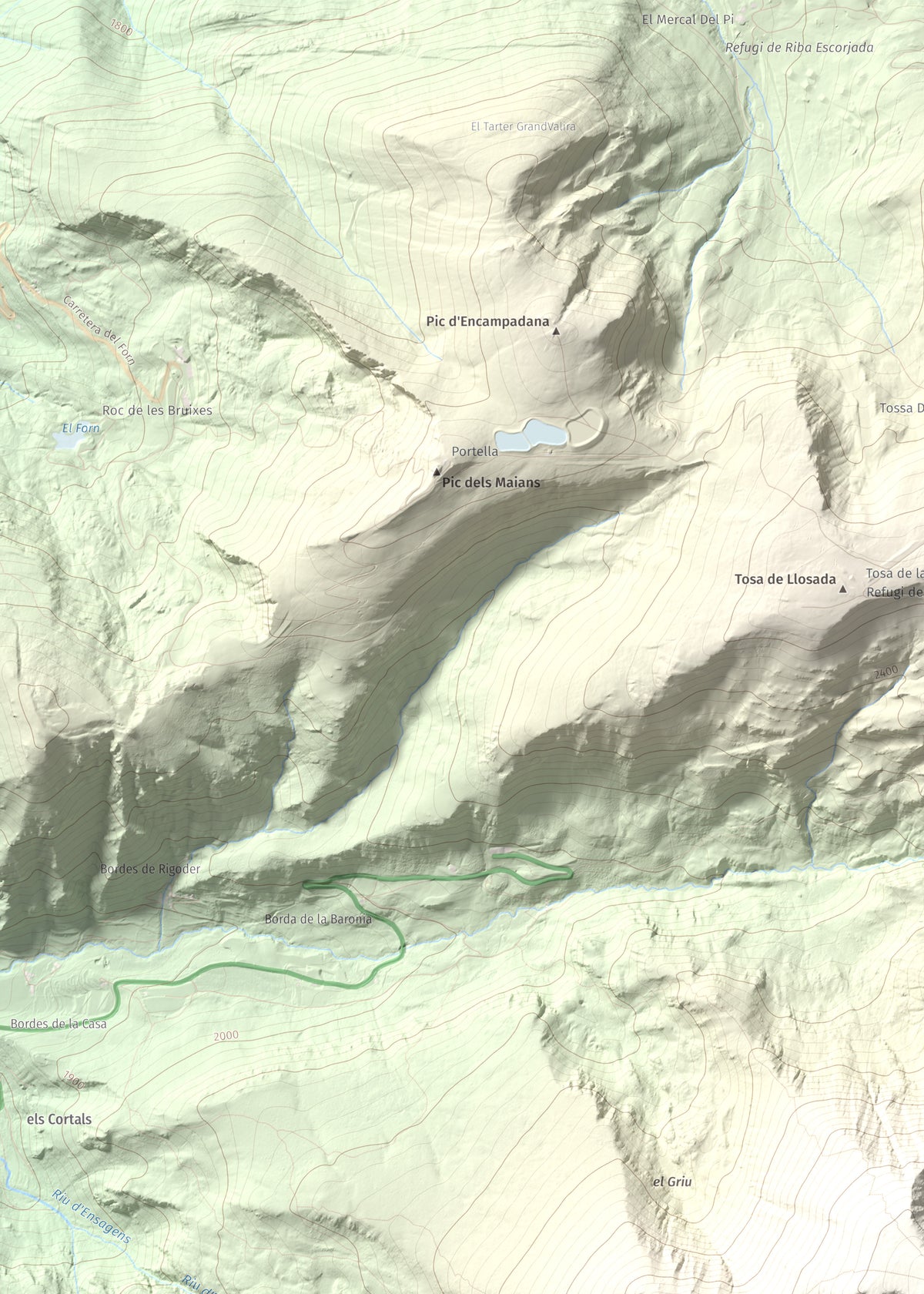 Mapa de relieve de Alt del Griu, 2874 m, Andorra, lámina 100 Cims de Trobart. Detalle de la zona superior izquierda. 50 × 70 cm.