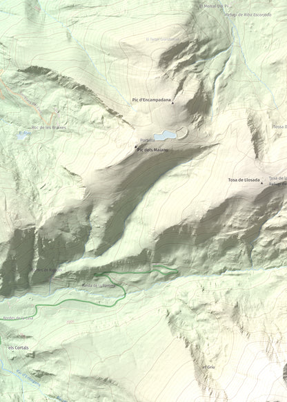 Mapa de relieve de Alt del Griu, 2874 m, Andorra, lámina 100 Cims de Trobart. Detalle de la zona superior izquierda. 50 × 70 cm.