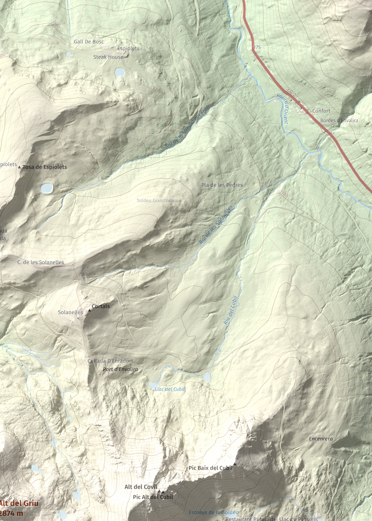 Mapa de relieve de Alt del Griu, 2874 m, Andorra, lámina 100 Cims de Trobart. Detalle de la zona superior derecha. 50 × 70 cm.