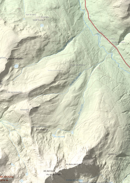 Mapa de relieve de Alt del Griu, 2874 m, Andorra, lámina 100 Cims de Trobart. Detalle de la zona superior derecha. 50 × 70 cm.