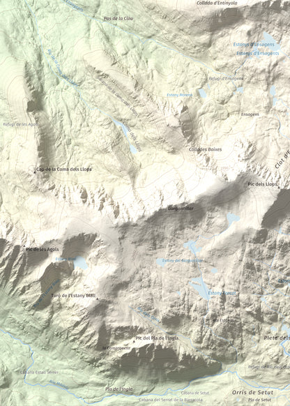 Mapa de relieve de Alt del Griu, 2874 m, Andorra, lámina 100 Cims de Trobart. Detalle de la zona inferior izquierda. 50 × 70 cm.
