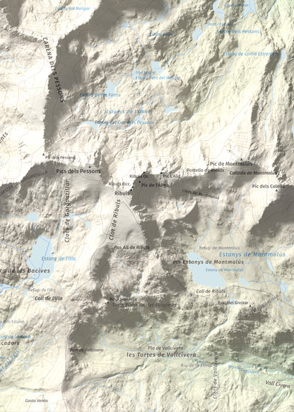 Mapa de relieve de Alt del Griu, 2874 m, Andorra, lámina 100 Cims de Trobart. Detalle de la zona inferior derecha. 50 × 70 cm.