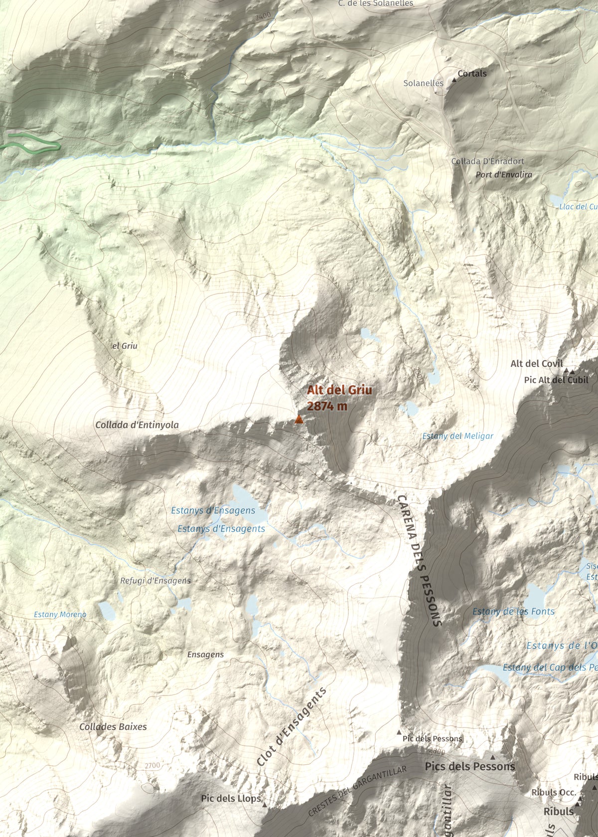 Mapa de relieve de Alt del Griu, 2874 m, Andorra, lámina 100 Cims de Trobart. Detalle de la zona central. 50 × 70 cm.